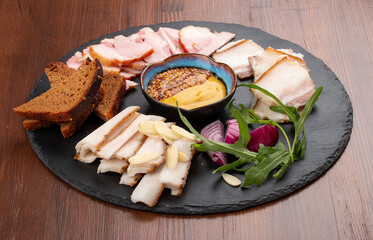 Set of pork lard various types, with garlic, onion and mustard