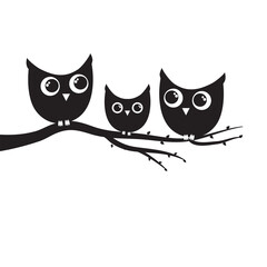 Owl family on branch isolated on white background