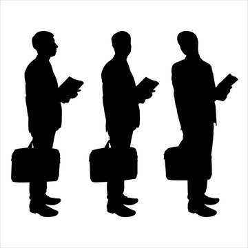 Illustration of a line of three men with folders and suitcases. Black men silhouettes in business suits. A businessman with a folder and a suitcase in his hands stands in three different poses.