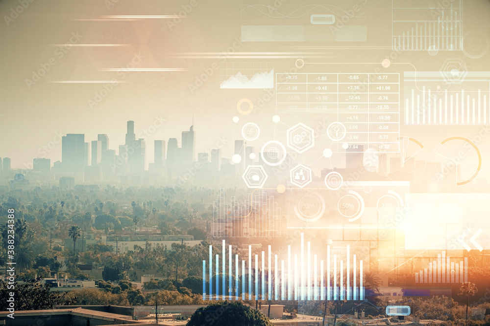 Poster Data theme hologram drawing on city view with skyscrapers background multi exposure. Bigdata concept.