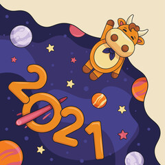 A banner with a flying symbol of the new year. Bull with a Cape. Space with planets. Chinese new year 2021.