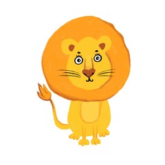 Lion on an isolated white background. Lion in cartoon style. Children's digital illustration. Tropical animal, stock illustration.