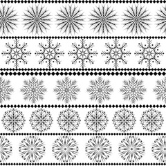 Winter seamless pattern with different snowflakes for Christmas and New Year festive decor. Black on white. Vector illustration