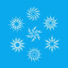 Set of snowflakes for Christmas and New Year festive decor. Winter shapes of precipitation. Fragile crystals and blue background are isolated on different layers. Vector illustration