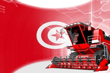 Fototapeta na wymiar Digital industrial 3D illustration of red advanced farm combine harvester on Tunisia flag - agriculture equipment innovation concept