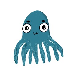 Octopus on an isolated white background. Octopus in cartoon style. Children's digital illustration. Tropical marine life, vector illustration.