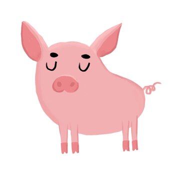 Cute pink pig on an isolated white background. Pig in cartoon style. Children's digital illustration. Farm animal, stock illustration.