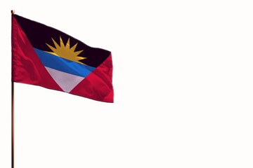 Fluttering Antigua and Barbuda isolated flag on white background, mockup with the space for your content.