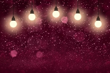 Fototapeta na wymiar red beautiful shiny glitter lights defocused light bulbs bokeh abstract background with sparks fly, celebratory mockup texture with blank space for your content