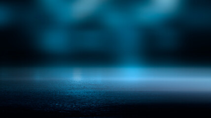 Dark cold wet street, asphalt, neon light. Reflection of neon in water. Empty night street scene, night city, smoke. abstract dark empty scene abstract night landscape neon blue light tree silhouettes