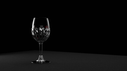 Gothic style red wine glass design with silver details, black minimalistic background.