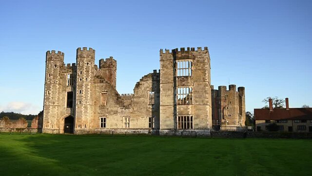 Cowdray Ruins of a great Tudor house in England which was destroyed by fire in 1793, but still looks magnificent in the late afternoon sun.