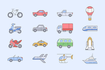 Transportation Icons set - Vector color symbols of train, car, ship, bicycle, bus, airplane and etc. for the site or interface