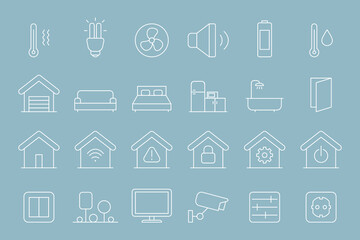 Fototapeta na wymiar Smart House Icons set - Vector outline symbols of home security management technologies for the site or interface