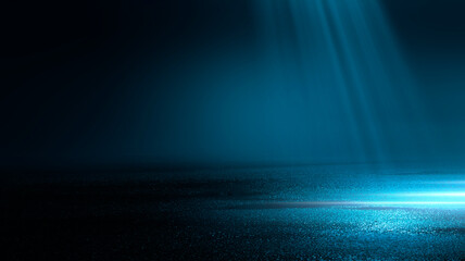 Obraz premium Dark cold wet street, asphalt, neon light. Reflection of neon in water. Empty night street scene, night city, smoke. abstract dark empty scene abstract night landscape neon blue light silhouettes