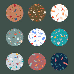 Different blogger icons in trendy terranzzo texture isolated on gray-green. Vector set design colorful templates icons and emblems. Modern pastel palette of shades. Social media story highlight. 