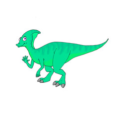 Illustration of a green dinosaur of the species parasaurolophus waving with one hand