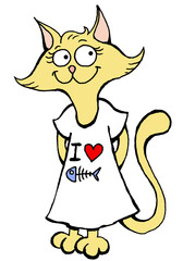 Children's illustration of a cat wearing a t-shirt with a fish bone