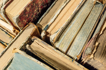 top view of old books on cement background