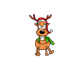 Vector illustration cartoon reindeer sticker. Merry Christmas and happy new year. Isolated on white. decorative element on holiday. Greeting card design, posters, gift tags and labels.