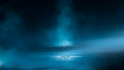 Dark cold wet street, asphalt, neon light. Reflection of neon in water. Empty night street scene, night city, smoke. abstract dark empty scene abstract night landscape neon blue light  silhouettes