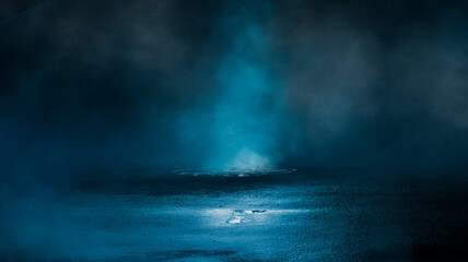 Dark cold wet street, asphalt, neon light. Reflection of neon in water. Empty night street scene, night city, smoke. abstract dark empty scene abstract night landscape neon blue light  silhouettes