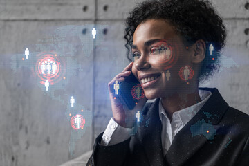 Businesswoman speaks phone and world map hologram. Double exposure.