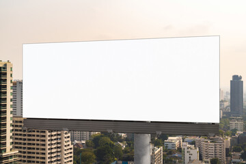 Fototapeta premium Blank white road billboard with Bangkok cityscape background at day time. Street advertising poster, mock up, 3D rendering. Front view. The concept of marketing communication to promote or sell idea.