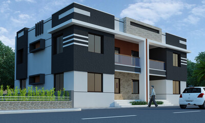   Modern 3d duplex building with balcony