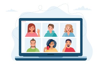 Computer with group of people doing group call. Online meeting via video conference. Vector illustration in flat style