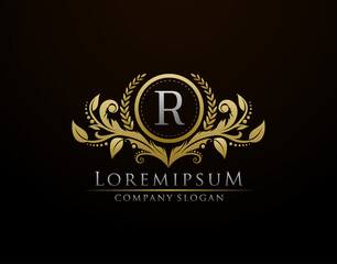 Luxury Gold Boutique Letter R Monogram Logo, Vintage Gold Badge With Classy Floral Design.