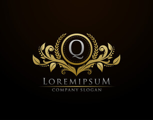 Luxury Gold Boutique Letter Q Monogram Logo, Vintage Gold Badge With Classy Floral Design.