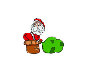 Cartoon christmas vector illustrations isolated on white. Santa Claus character with gift, bag with presents, waving and greeting.