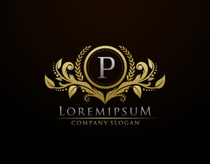 Fototapeta premium Luxury Gold Boutique Letter P Monogram Logo, Vintage Gold Badge With Classy Floral Design.
