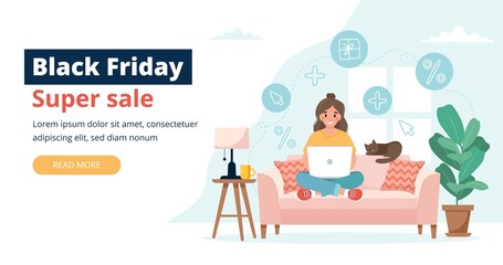 Black friday banner with woman holding a laptop. Vector illustration template
