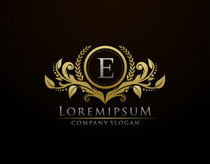 Luxury Gold Boutique Letter E Monogram Logo, Vintage Gold Badge With Classy Floral Design.