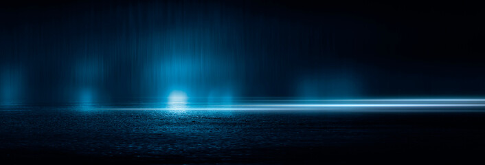 Dark cold wet street, asphalt, neon light. Reflection of neon in water. Empty night street scene, night city, smoke. abstract dark empty scene abstract night landscape neon blue light  silhouettes
