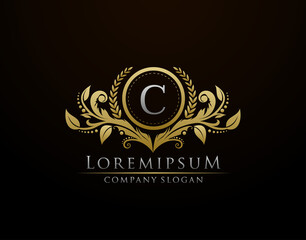 Luxury Gold Boutique Letter C Monogram Logo, Vintage Gold Badge With Classy Floral Design.