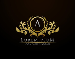 Luxury Gold Boutique Letter A Monogram Logo, Vintage Gold Badge With Classy Floral Design.