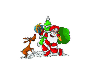 Cartoon christmas vector illustrations isolated on white. Funny happy Santa Claus character with gift, bag with presents, waving and greeting.