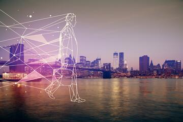 Double exposure of start up theme drawings over cityscape background. Concept of success.