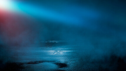 Dark cold wet street, asphalt, neon light. Reflection of neon in water. Empty night street scene, night city, smoke. abstract dark empty scene abstract night landscape neon blue light tree silhouettes