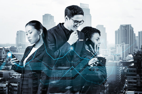 Group of business colleagues in suits as a part of multinational corporate team working on forecasting trading corporate strategy at fund. Forex chart. Bangkok on background. Double exposure