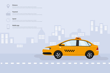 Taxi car on the city streets. Taxi call options and service characteristics. Vector illustration