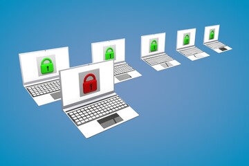 Protected and unprotected laptop. Cracking a password and leaking personal data. 3d render.