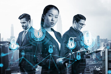 Group of business colleagues as a part of multinational corporate team working on project to protect clients information at cybersecurity compliance division. IT lock icons over Kuala Lumpur