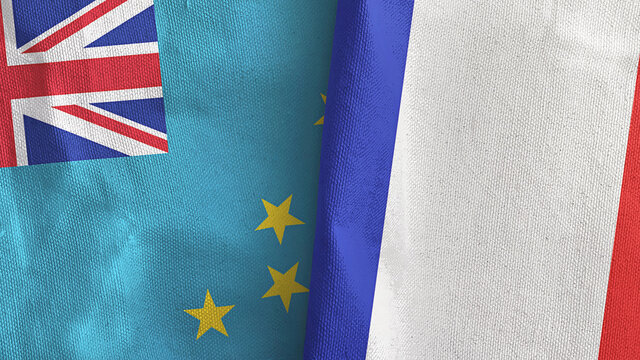 France and Tuvalu two flags textile cloth 3D rendering