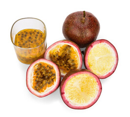 Passion fruits half and juice. Closeup, Select focus. with halfs isolated on white background.
