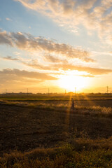 the evening sky over the fields of the village with people taking a walk