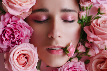 Obraz na płótnie Canvas Close up portrait of beautiful woman face wih perfect skin posing with roses on pink background.